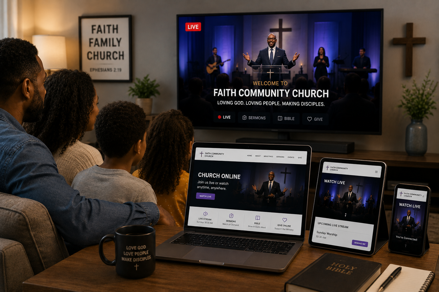 Family worshiping together through livestreamed service
